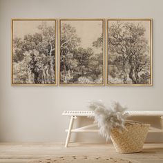 a white bench sitting in front of two paintings on the wall next to a basket