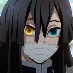 an anime character with yellow eyes and black hair wearing a face mask, looking at the camera