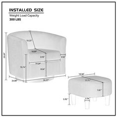 a white chair and ottoman with measurements