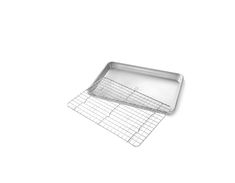 a baking pan with a wire rack on top