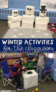 winter activities for the classroom with snowmen and children playing in their playrooms