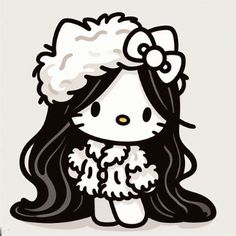 a drawing of a girl with long black hair wearing a white hat and fur coat