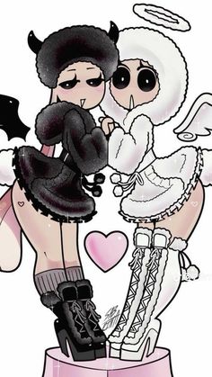 an image of two people dressed up as devil and angel kissing in front of each other