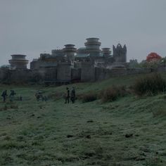 some people are standing in the grass near a castle