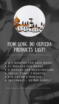 Natural skincare products that give results. Many people ask how long each of their products last. This is an average of course. Oliveda Products, Natural Skincare Products, Holistic Beauty