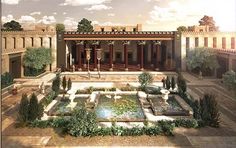 an artist's rendering of a courtyard and fountain