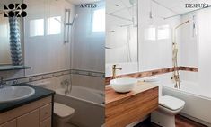 before and after pictures of a bathroom remodel with wood countertop, white bathtub, and sink