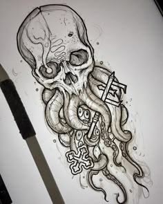 a drawing of an octopus with a skull on it's head and cross in its mouth