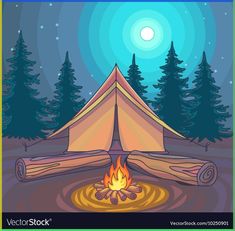 a tent is set up next to a campfire