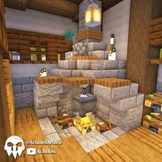 the interior of a minecraft house with wood floors and stone walls, including stairs