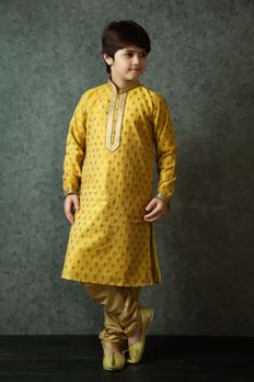 Banarasi silk kurta churidar embellished with stitched work #Benzer #Benzerworld #Kidswear #ethnicwear #Kurta Kids Sherwani, Indian Wedding Attire, Indian Menswear, Wedding Attire For Men, Boys Dresses, Designer Anarkali Dresses