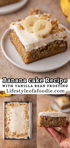 banana cake recipe with vanilla cream frosting on top and bananas in the middle for toppings