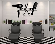 two salon chairs sitting in front of a wall with scissors and hairdryer on it