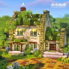 an artistic rendering of a house in the middle of flowers and plants on it's roof