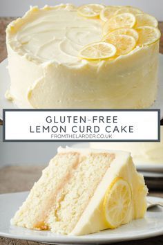 a slice of gluten - free lemon curd cake on a white plate