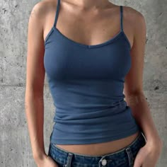 New W Tags Blue Ribbed Cami With Adjustable Straps. Super Soft. Size L. I'm A Size 2 To 4 In A Top And It Fits Me Like The Picture. Cami Outfit Ideas, Strap Tops Outfit, Blue Tank Top Outfit, Kate Austen, Hollister Clothes, Cami Outfit, Autumn Outfit Inspo, Heartbreak High, Boys Fits