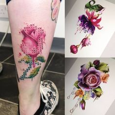 three pictures of different tattoos on the legs and leg, one is pink with purple flowers