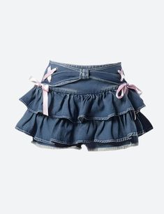 These jeans offer a fresh take on the denim trend with a playful, low-rise waist and flared silhouette. The layered mini design injects a youthful exuberance, while the skort functionality ensures practicality. It's a stylish ode to fun and freedom—ideal for those who dance to their own beat. Denim material Ruffled design Ribbon lace up details at side Denim belt detail at front Distressed detail at shorts Low rise Cotton, polyester Shorts Low Rise, Crop Pullover, Trendy Denim, Ruffle Mini Skirt, Denim Belt, Pink Bows, Denim Trends, Mode Inspo, Really Cute Outfits