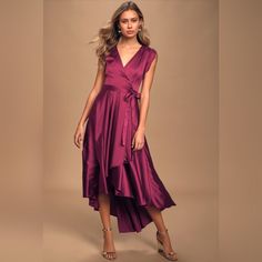 Lulu's Satin Magenta High-Low Maxi Dress No Longer Sold! Perfect Condition Beautiful Wine Color Never Worn, New With Tags Originally Bought To Wear To A Wedding But Ended Up Wearing A Different Dress. Plum Dress Outfit Wedding, Plum Dress Outfit, Magenta Cocktail, Lulus Maxi, High Low Maxi Skirt, Dresses Lulus, Short Maxi Dress, Plum Dress, High Low Maxi Dress