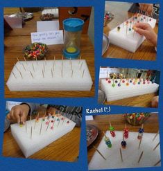 four pictures show the process of making a cake made out of marshmallows