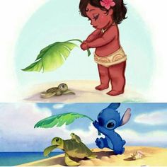 an image of a baby on the beach playing with a turtle and another cartoon character