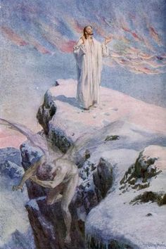 a painting of jesus standing on top of a mountain