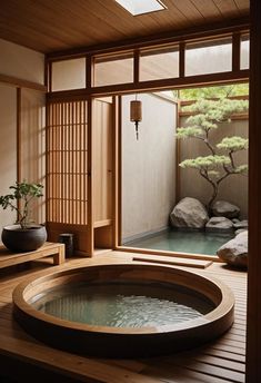 an indoor jacuzzi is shown in the middle of a room