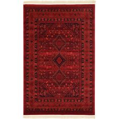 a red and black rug with an intricate design on the middle, in front of a white background