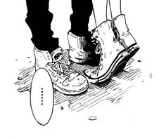 black and white drawing of two people standing on the ground with their feet in sneakers