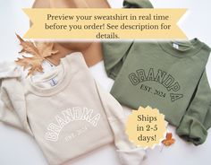 Celebrate being the coolest Grandma or Grandpa in style with our Custom Personalized Sweatshirt, perfect for the proud grandparents of children or pets! This sweatshirt can be personalized with up to seven names, whether they are children or pets, or you can choose to display initials instead. Additionally, you can include an optional icon of a heart, plus sign, or paw to add that extra special touch. Great for new grandparents as well as seasoned ones! Features: Customizable text: Add your own names, dates, or special message Available in various sizes and colors High-quality, comfortable fabric Perfect for birthdays, Christmas, or any occasion Choose one of our predefined designs or add your own custom text to create a sweatshirt that's truly unique. With our online customization tool, y Nana Sweater, Grandpa Fashion, Grandma Sweatshirt, Plus Sign, New Grandparents, Text Shirt, Varsity Style, Style Sweatshirt, Personalized Grandma