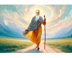 a painting of an old man walking down a road with a stick in his hand