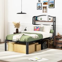 a bed sitting in a bedroom next to a dresser with baskets on top of it