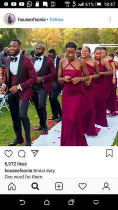 the bride and grooms are walking down the aisle at their wedding ceremony in red