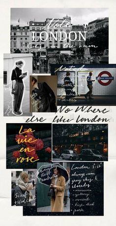 a collage of photos with the words london in different languages and pictures on them