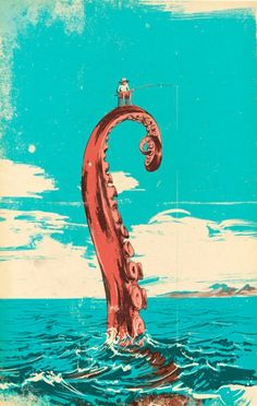 a birthday card with an image of a giant squid in the ocean and a man standing on top of it