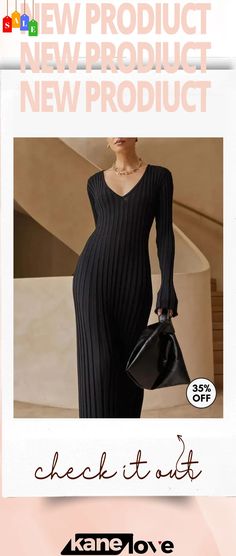 V-neck Sleeved Knit Midi Dress Casual Knit Sweater Dress For Evening, Ribbed Sweater Dress For Evening, Elegant Winter V-neck Dress, Elegant V-neck Midi Dress For Fall, Chic Knit Sweater Dress For Evening, Chic Long Sweater Dress For Party, Chic Long Sweater Dress For Evening, Chic V-neck Maxi Dress For Fall, Chic Fitted V-neck Dress For Winter