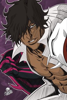 an anime character with black hair holding a red and white object in his hand,