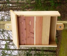 a beehive hanging from the side of a tree in front of some trees