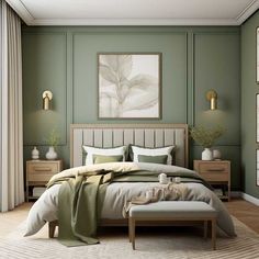 a bedroom with green walls and white bedding