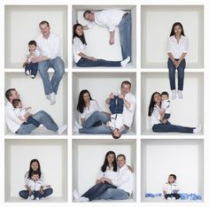 the family is posing for pictures in their white outfits and blue jeans, with one baby sitting on his mother's lap