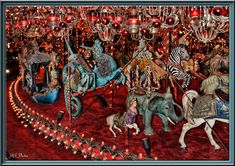 an artistic painting of people and animals in a room with red carpeted flooring