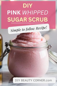 Discover how to make this luxurious DIY pink whipped sugar scrub recipe at home. This simple and easy sugar scrub exfoliates and softens your skin, leaving it smooth and glowing. Made with natural ingredients like coconut oil and essential oils, this whipped sugar scrub is perfect for a pampering self-care routine or as a thoughtful DIY gift. Whether you're looking for an easy body scrub recipe or a spa-like experience at home, this pink whipped sugar scrub is a must-try! #DIYbeauty #sugarscrub How To Make Salt Scrub Recipes, Diy Shave Scrub, Christmas Diy Body Products, Diy Health And Beauty, Tallow Body Scrub, Homemade Hand Scrub Recipes, Whipped Scrub Diy, Holiday Sugar Scrub Diy, Diy Tree Hut Sugar Scrub