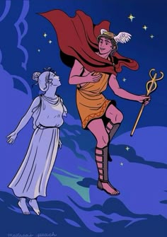 an illustration of a woman holding a staff and standing next to a man in the sky