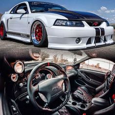 the interior and dashboard of a white mustang with red rims on it's dash