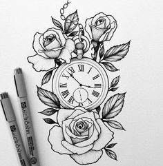 an open notebook with a drawing of roses and a clock