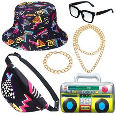 PRICES MAY VARY. 80S and 90s Accessories: you will receive 6 pieces fashion rapper outfit costumes which contain 1 retro fanny pack, 1 printed bucket hat, 1 black frame glasses, 1 gold chain, 1 gold bracelet and 1 audio shape balloon; They can match well together and make you look like a real hip hop rapper Classic and Retro: these 80s/90s hip hop costumes can make you experience the feeling of the 1980s and 1990s; They have designed for every hip hop and rapper lover whether you are men or wome 80s 90s Outfits, 90s Hip Hop Costume, Rapper Outfit, Dj Costume, 90 Hip Hop, 1980s Outfits, Hip Hop Costumes, 90s Outfits, 80s Costume