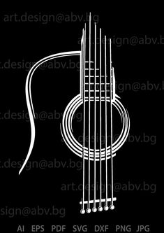 a black and white drawing of an acoustic guitar with strings on it's neck