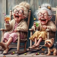 two older women sitting on rocking chairs with drinks in their hands and one dog standing next to them