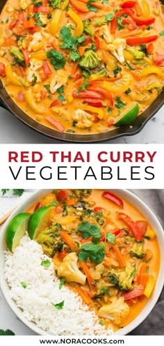 red thai curry vegetables and rice in a pan