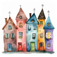 a watercolor drawing of houses with different colors